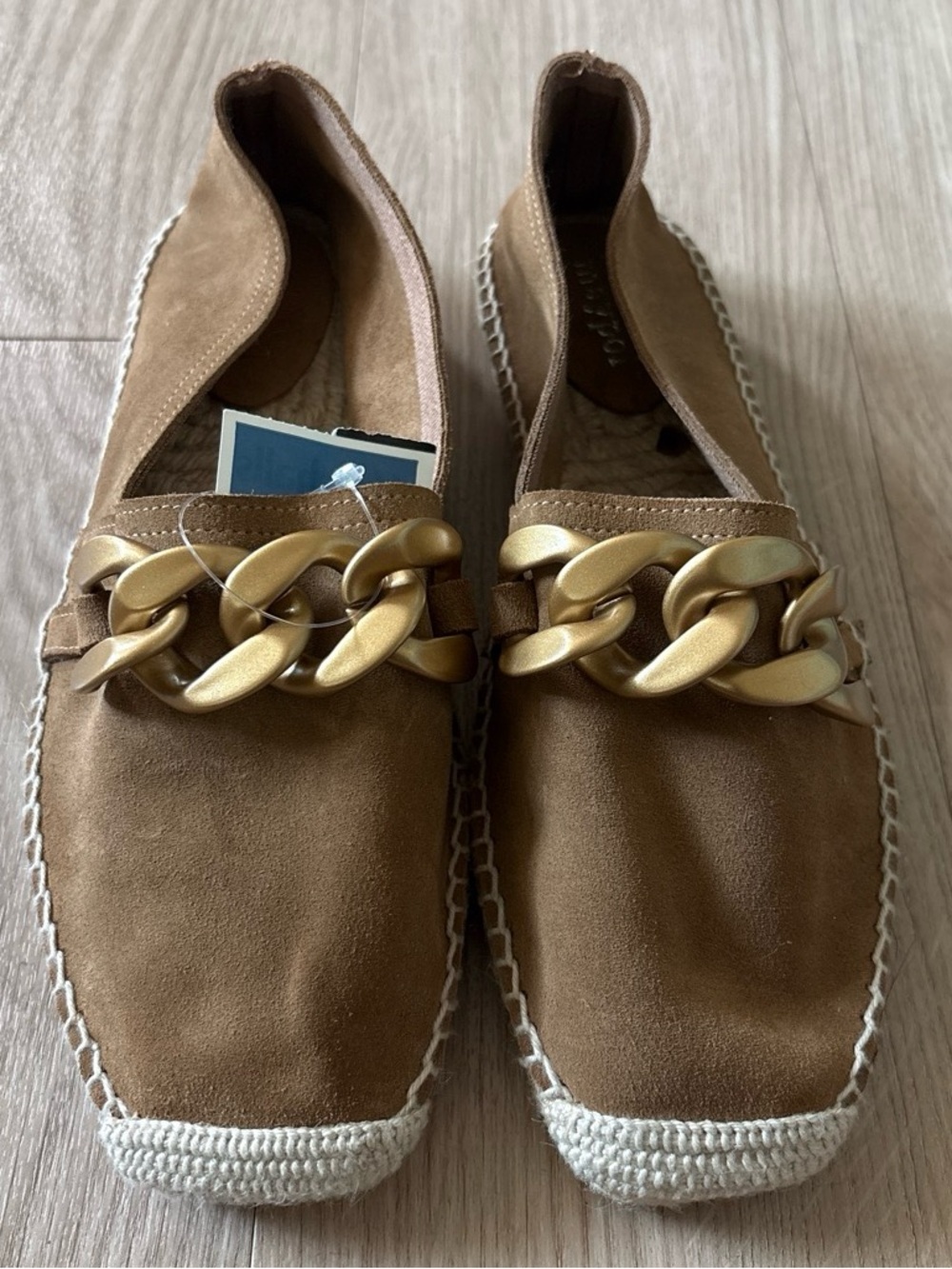 Suede Espadrille Slip-Ons with Gold Chain Detail - Tan